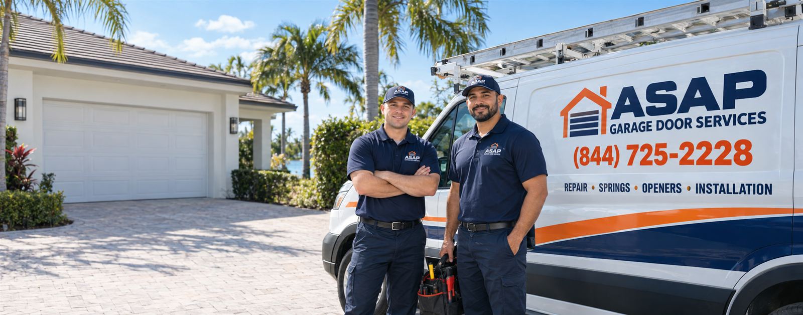 ASAP Garage Door Services technicians and branded van at a Florida home for Garage Door Repair and Installation